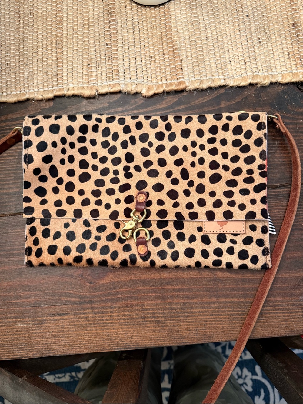 Hair on hide Leopard Print Foldover Clutch with Leather Strap - Black & Tan